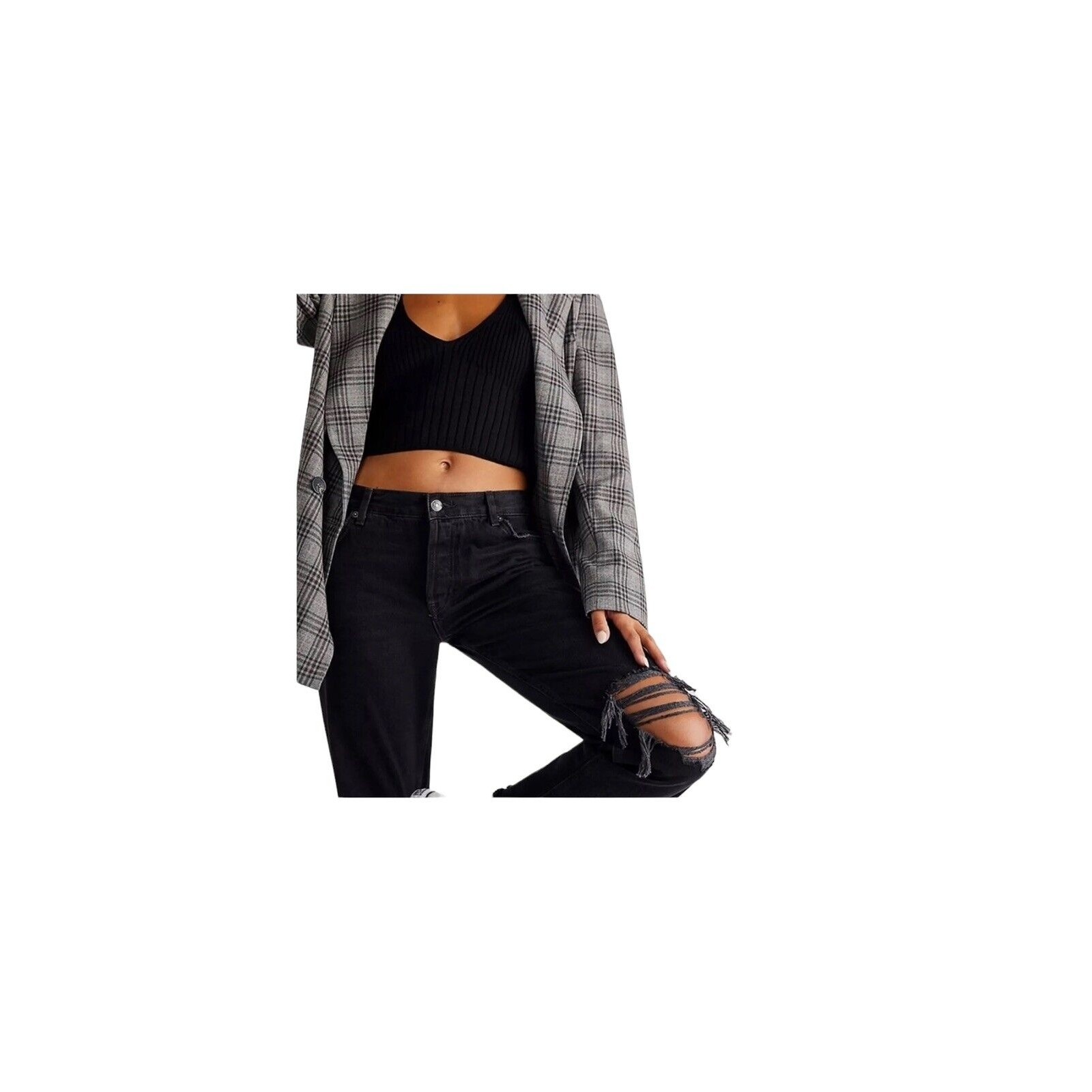 Nwt Free People Maggie Mid-Rise Straight-Leg Jeans Black Wash Size 26 Distressed